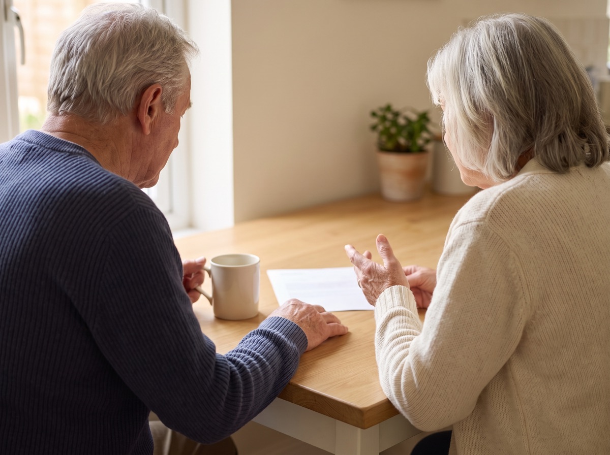 An older couple talking something over at their kitchen table