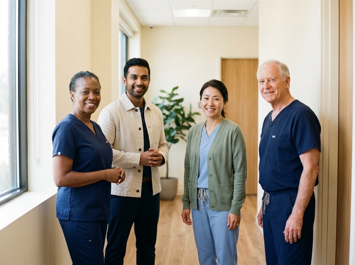 Four clinicians of a movement disorder care team, standing together in a clinic corridor