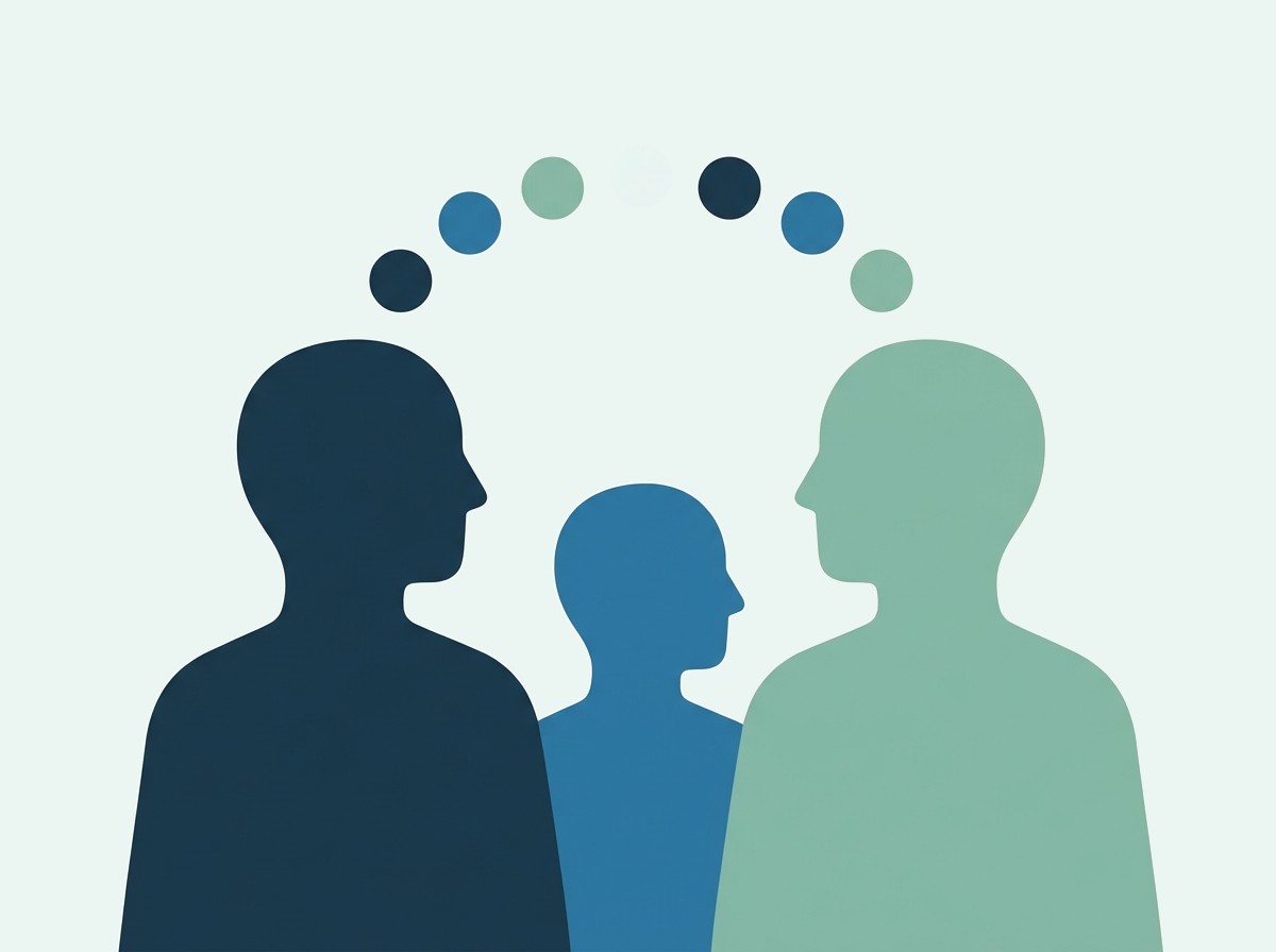 Illustration: three profiles in navy, blue and sage under an arc of dots